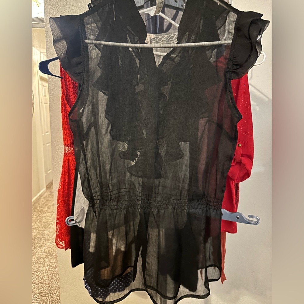 Sheer, black blouse. Ruffled button down front. - Picture 2 of 4